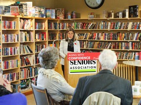 Kingston and the Islands MPP Sophie Kiwala announces a new seniors action plan, Aging with Confidence, before a gathering at the Seniors Association on Thursday. (Julia McKay/The Whig-Standard)