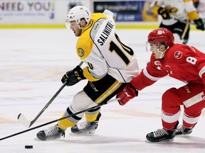 Sarnia Sting's Anthony Salinitri, left, is chased by Soo Greyhounds' Jacob LeGuerrier in the first period at Progressive Auto Sales Arena in Sarnia, Ont., on Friday, Oct. 27, 2017. (Mark Malone/Chatham Daily News/Postmedia Network)