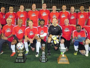 Arts & Letters won three championships – league, Subway Cup and playoff – in the Sarnia FC Men's Recreational Soccer League's over-35 division. The team members are, front row, left: Keith Sokol, Lucio Pasqual, Kelvin Mahabir, Toby Rae, Al Dillon, Chris Marshall, Jason Tassone, Alvis Edwards and Steve Ferencsik. Back row: coach Les Thomson, Paul Burke, Sam Benjamin, Blair Young, Damien Pepin, Ken Nelson, Mark Hanton, Nelson Amaral, Duncan Clegg, Anup Lal, Dustin McEvoy and assistant coach Kevin MacKowski. Eric Cardona, Greg McDonald and Daniel Thomas are missing. (Contributed Photo)