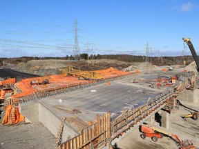 In this file photo, the Maley Drive/Notre Dame Avenue interchange is seen on Nov. 10, 2017. The extension project is currently running a surplus of $4 million. (John Lappa/Sudbury Star)