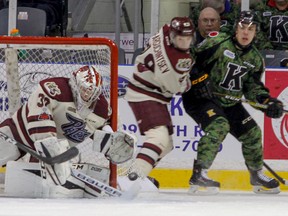 Peterborough Petes goaltender Dylan Wells blocks a Kingston Frontenacs shot during the first period of Ontario Hockey League action at the Rogers K-Rock Centre in Kingston on Friday. (JULIA MCKAY/The Whig-Standard)