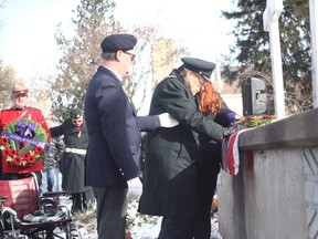 WWII Veteran Major Frank Golding left his wheelchair to stand and pay respects last Saturday at the Remembrance Day service in Seaforth. (Shaun Gregory/Huron Expositor) (More photos will be added in this week's Expositor)