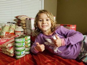 Makayla Rumley, 5, recently organized a food drive for the Elgin Street Mission. (Photo supplied)