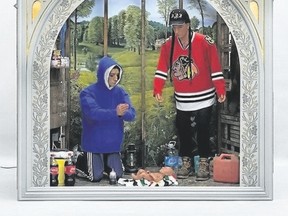 Nativity Scene, an installation by First Nations artist Kent Monkman, features a Virgin Mary wearing a Chicago Blackhawks jersey and a Baby Jesus laying on a Hudson?s Bay blanket. (Supplied)