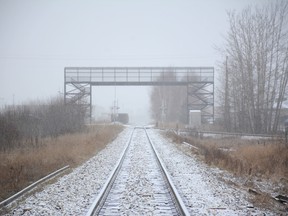 A Whitecourt rail crossing gets some snow (Peter Shokeir | Whitecourt Star).