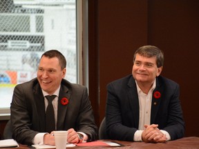Alberta Ministers Deron Bilous (left) and Oneil Carlier talk to local officials and business leaders about economics and trade (Peter Shokeir | Whitecourt Star).