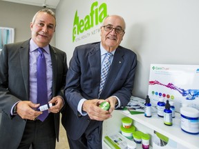 Former Police Chief and Member of Parliament, and now Executive Chairman of Aleafia - Julian Fantino (right), along with former RCMP Deputy Commissioner of Federal and International Policing - Raf Souccar, and now President and CEO of Aleafia, at the launch of the clinic in Vaughan, Ont. on Tuesday November 14, 2017. Aleafia Total Health Network will offer a variety of medical services, among them, medically authorized cannabis. The clinic will not dispense any cannabis products. Ernest Doroszuk/Toronto Sun/Postmedia Network