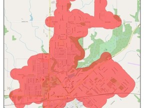 A map of the areas to be affected due to a scheduled outage to take place Sunday, Nov. 19. (Image taken from Entegrus’ website)