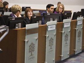 Karen Vecchio (MP for Elgin-Middlesex?London), Irene Mathyssen (MP for London-Fanshawe), Peter Fragiskatos (MPP for London-North-Centre) and Kate Young (MPP for London West) met city politicians at City Hall in London, Ont. on Wednesday November 15, 2017. Derek Ruttan/The London Free Press/Postmedia Network