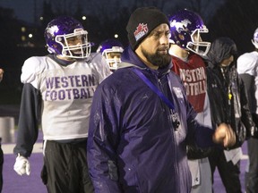 Steve Snyder, the offensive co-ordinator for the Western Mustangs football team, spent eight years playing and coaching in the Maritimes, including a three-year stint with St. Francis Xavier X-Men. (Derek Ruttan/The London Free Press )