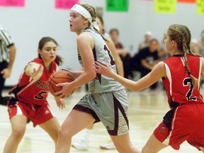 Wallaceburg Tartans' Megan McCarter drives to the basket against the Essex Red Raiders during the SWOSSAA 'AA' senior girls' basketball final at Wallaceburg District Secondary School on Wednesday, Nov. 15, 2017. (DAVID GOUGH/Postmedia Network)