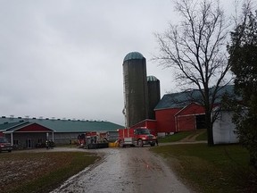 Huron East firefighters on the scene at silo fire near Centennial Road and Kippen Road (Highway 12). (Shaun Gregory/Huron Expositor)