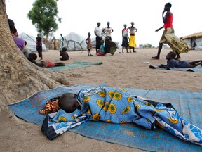 Matthieu Alexandre/Caritas Internationalis via Associated Press
In this photo taken March 20, 2017, a child sleeps on a mat at a camp for those who were previously displaced by fighting, in Gumbo, South Sudan. The country is part of what the United Nations has called the largest humanitarian crisis since the world body was founded in 1945, with more than 20 million people in four countries — South Sudan, Nigeria, Somalia and Yemen — facing starvation and famine.