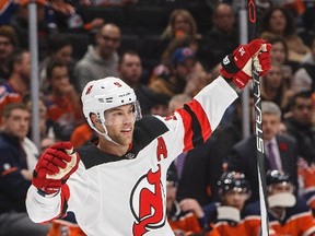 New Jersey Devils’ Taylor Hall celebrates a goal against his former team, the Edmonton Oilers, during first period NHL action in Edmonton on Nov. 3. (Jason Franson/The Canadian Press)