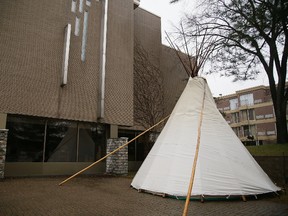 A teepee sits on the lawn of Paroisse Sainte-Anne Des Pins on Nov. 15. Four days of hearings for a lawsuit filed by the Robinson-Huron Treaty First Nations were being heard at the nearby Radisson Hotel. (Gino Donato/Sudbury Star file photo)