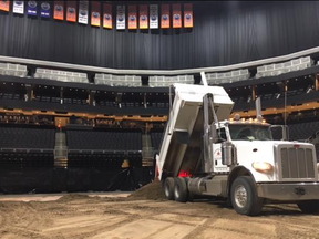 Tri-region’s The Black Dirt Company hauled 700 tonnes of soil into Edmonton’s Rogers Place in preparation of the Professional Bull Riding Global Cup competiton. - Photo submitted by the Black DIrt Company