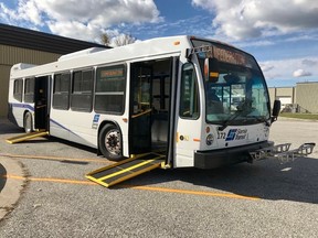 A Sarnia Transit bus is shown displaying front and rear ramps. It's one of two 40-foot, accessible buses in service. (Submitted)