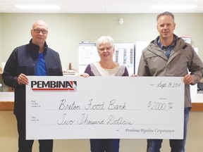 Drayton Valley Pembina Pipeline Corporation Representatives, Phillip Bell (District Manager) and Mike Karach (Supervisor) presented Deb Roberts (FBA voting member) of the Breton Food Bank with the $2000.00 cheque on Sep 14, 2017