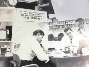 The CFPL-TV newsroom in 1968 featured a sign, visible centre, that asked: ?Are the facts correct. Is it ethical?? Those days, some argue, are long gone. (Special to The London Free Press)