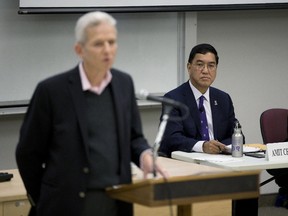 Western University president Amit Chakma listens to Michael Milde, dean of arts and humanities, address a meeting of the school?s senate on Friday. (Derek Ruttan/The London Free Press)