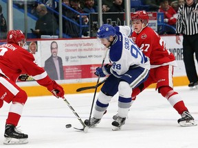 Dmitry Sokolov, middle, of the Sudbury Wolves, attempts to evade Rasmus Sandin, left, and Peterborough native Barrett Hayton, of the Soo Greyhounds, during OHL action at the Sudbury Community Arena in Sudbury, Ont. on Friday November 17, 2017. John Lappa/Sudbury Star/Postmedia Network