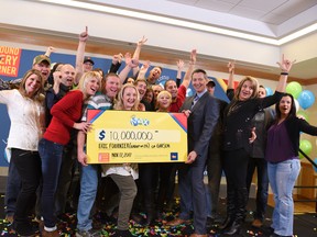 Supplied photo
This group of 26 best friends and neighbours from Garson, who won the $10 million LOTTO MAX jackpot from the Oct. 13, 2017 draw, picked up their winnings on Friday in Toronto. The winning ticket was purchased at Shell on Lasalle Boulevard in Sudbury. The group members are Eric Fournier, Amber Fournier, Michel Crepeault, Sherry Crepeault, Ryan Chretien, Christine Chretien, Patrick Hauser, Amy Hauser, Robert LeFave, Sarah LeFave, Guy Levasseur, Melanie Levasseur, Jason MacKinnon, Erin MacKinnon, Trevor Gibbons, Kyla Roach, Roger Delaire, Josee Caron, Brent Cadotte, Lynn Denis, Martin Kennedy, Nicole Sloan, Trevor Warkus, Melissa Warkus, Adam Webber and Ashley Webber.