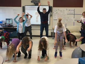 Submitted Photo 
Hastings—Lennox and Addington MP Mike Bossio takes part in the BURP IT ON challenge alongside Grade 5/6 students at Deseronto Public School on Friday.