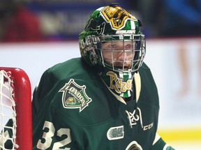 London Knights goaltender Joseph Raaymakers watches the puck during the Ontario Hockey League game against the Windsor Spitfires at the WFCU in Windsor, Ontario on November 19, 2017. (JASON KRYK/Windsor Star)