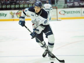 Sudbury Wolves' Zack Malik readies for a shot during Ontario Hockey League action at the Sudbury Community Arena on Sunday versus the North Bay Battalion. Keith Dempsey/For The Sudbury Star