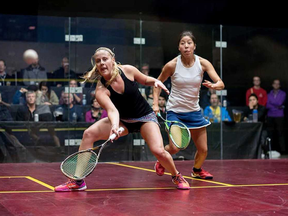 Nikki Todd, left, of Regina plays Diana Garcia of Mexico in the women's final at the Simon Warder Memorial Squash Tournament at the Huron Oaks Squash Club in Bright's Grove, Ont., on Saturday, Nov. 18, 2017. (Lisa Cattran/Special to the Observer)