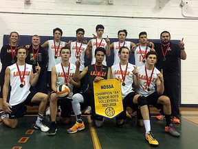 Lasalle Lancers senior boys volleyball players and coaches celebrate their NOSSA AA championship. Photo supplied