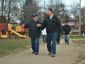 Udo Fieback and Tony Gaal take a walk along the new Shrewsbury Recreation Trail behind the Shrewsbury and Raglan Community Centre on Nov. 17. The trail was funded in part by the Ontario Lottery and Gaming slots in Dresden.