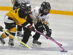 Hallee Vosper (8) of the Mitchell U8 ringette team races for the loose ring with this Dorchester opponent during league action in Mitchell last Saturday, Nov. 18. ANDY BADER/MITCHELL ADVOCATE
