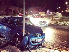 Kingston Police released a photo Monday of a vehicle which struck a signpost at the corner of Old Colony Road and Braeside Cres after the alleged impaired driver was followed by citizens in Kingston west end on Sunday November 19 2017 who eventually were able to take the driver's keys away from him after he crashed. Kingston Police Photo /The Whig-Standard/Postmedia Network