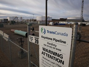 TransCanada's Keystone pipeline facilities are seen in Hardisty, Alta., on Friday, Nov. 6, 2015. THE CANADIAN PRESS/Jeff McIntosh