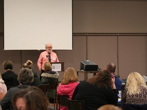 Dr. Shapiro, an expert on sleep and insomnia treatment, started his talk by asking the crowd for 10 questions related to sleep, then addressed each one in detail. Shapiro is known as a “sleep god” within the local healthcare community, said one symposium attendee. (SHEILA PRITCHARD/CLINTON NEWS RECORD)