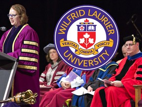 Dr. Deborah MacLatchy delivers an address on Tuesday October 31, 2017 during the Laurier Brantford fall convocation at the Sanderson Centre in Brantford, Ontario. (Brian Thompson/Brantford Expositor/Postmedia Network)