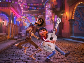 In this image released by Disney-Pixar, character Hector, voiced by Gael Garcia Bernal, left, and Miguel, voiced by Anthony Gonzalez, appear in a scene from the animated film, "Coco." (Disney-Pixar via AP)