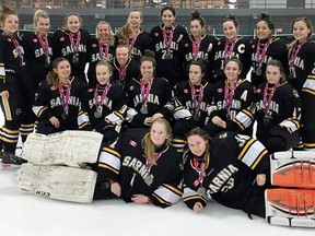 The Sarnia Midget A Jr. Lady Sting won silver medals at the Can/Am hockey tournament in Montreal on the weekend. The Lady Sting are, front row, left: Riley Blancher and Angela Steen. Middle row: Kaylee White, Sydney Rogers, Samantha Meere, Emma L’Heureux, Allison Barnes, Alexandra Rizkallah and Brooke Boelens. Top row: Bailey Lauwers, Alexandra Demaiter, Sydney Robbins, Abby Williams, Caitlin Wilson, Jenny MacNaughton, Kathleen Kerwin, Becka Jackson, Gillian Tijerina and Jordan Smith. Not pictured are: coaches Marcel Demaiter, Tim L’Heureux, Darren MacNaughton, Darren Rogers, Erin White, Chad Williams and Jason Wilson, and trainers Karen L’Heureux, Caroline White, Michele Williams and Brenda Wilson. (Contributed Photo)