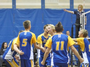 Brant Christian School players celebrate Thursday, Nov. 16 after defeating Nobleford’s Noble Central School 18-16 in the deciding set of their match at the 1A South Zone Volleyball Championships. Stephen Tipper Vulcan Advocate