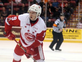 Soo Greyhounds defenceman Rasmus Sandin unleashes a shot during first-period OHL action against the Sudbury Wolves Wednesday, Nov. 22, 2017 at Essar Centre in Sault Ste. Marie, Ont. JEFFREY OUGLER/SAULT STAR/POSTMEDIA NETWORK