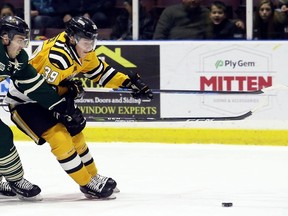 Sarnia Sting's Jamieson Rees (39) is chased by London Knights' Evan Bouchard (2) in the first period at Progressive Auto Sales Arena in Sarnia, Ont., on Wednesday, Nov. 22, 2017. (Mark Malone/Postmedia Network)