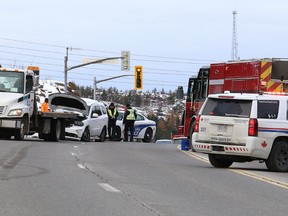 John Lappa/Sudbury Star/Postmedia Network
Greater Sudbury Police, EMS and fire services attended the scene of a single-vehicle collision at the intersection of Municipal Road 35 (Elm Street) and Big Nickel Road in Sudbury on Wednesday. Both lanes of MR 35 were blocked for about an hour.
