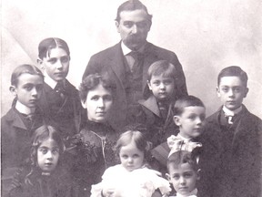 The Pleasence family in 1899. In the front row: Ena (left), Mike and Harry. Second row: Ed, Margaret, Jim, Joe and Gordon. Third row: Reg and Irish Jack.