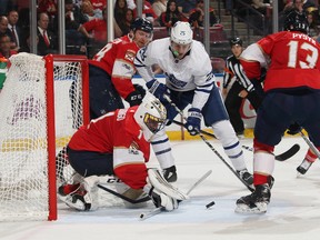 Goaltender Roberto Luongo #1 of the Florida Panthers stops a shot by James van Riemsdyk #25 of the Toronto Maple Leafs during second period action at the BB&T Center on November 22, 2017 in Sunrise, Florida. (Photo by Joel Auerbach/Getty Images)