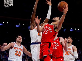 Toronto Raptors guard Fred VanVleet (23) goes up for a shot against New York Knicks guard Frank Ntilikina (11) during the second quarter of an NBA basketball game, Wednesday, Nov. 22, 2017, in New York. (AP Photo/Julie Jacobson)