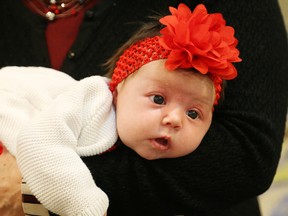 Sadie Flietstra, three weeks, was on hand for the launch of the Infant Food Bank All We Need for Christmas campaign in Sudbury, Ont. on Thursday November 23, 2017. John Lappa/Sudbury Star/Postmedia Network