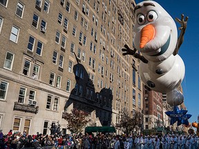 The Olaf balloon glides over Central Park West during the Macy's Thanksgiving Day Parade in New York, Thursday, Nov. 23, 2017. (AP Photo/Craig Ruttle)