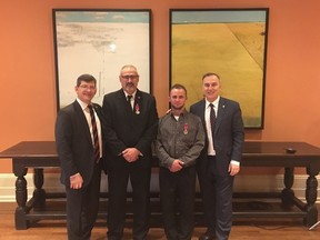 Submitted photo
MPs Mike Bossio (left) and Neil Ellis (far right) were on hand in Ottawa Thursday when Medal of Bravery recipients Calvin Stein and James Badgley received their awards. Stein saved a young girl from being trampled at the Tweed Fair while Badgley pulled an elderly man from his burning home.