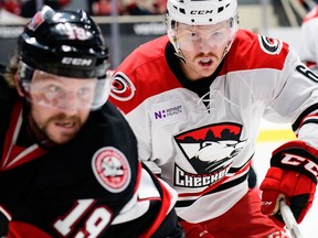 Max Reinhart (18) had two goals for Belleville in the Senators' 5-2 win Wednesday night at Charlotte. (Charlotte Checkers photo)